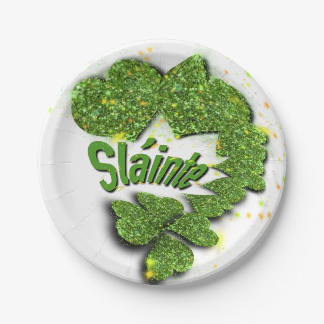 Green Shamrocks | sparkling hearts Shainte Paper Plates (Front)