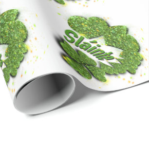 Green Shamrocks sparkling hearts Shainte Wrapping Paper