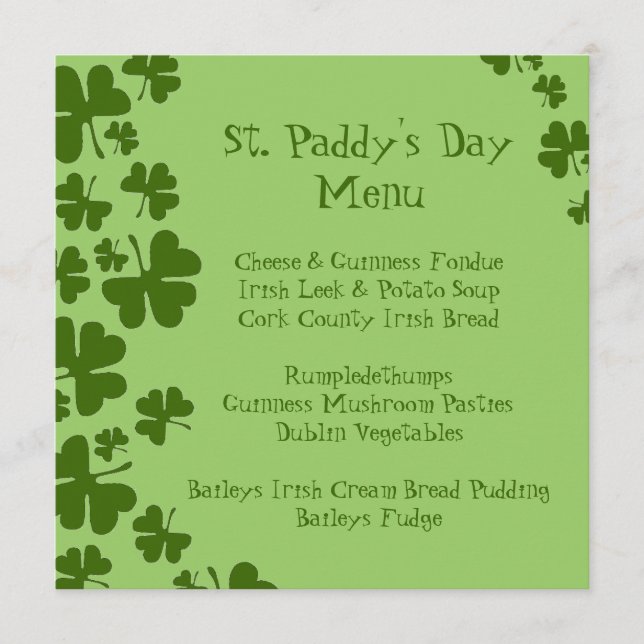 Green Shamrocks St. Paddy's Day Menu (Front)
