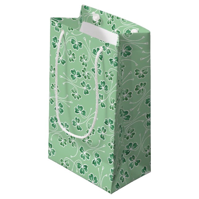 Green Shamrocks White Outlines Small Gift Bag (Front Angled)