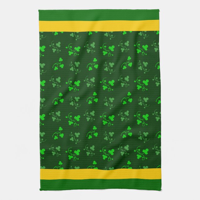 Green Shamrocks Yellow Stripe Kitchen Towel (Vertical)