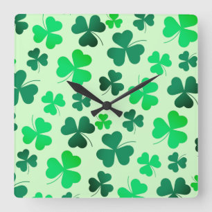 Green Shamrok Clover Pattern Square Wall Clock