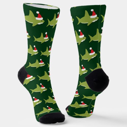 Green Shark Santa Hat Christmas Socks