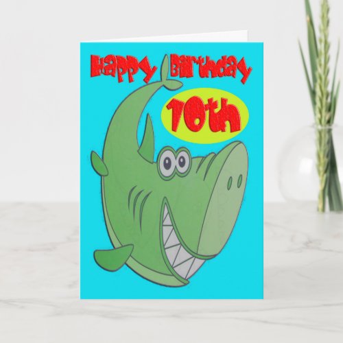 Green Shark Tenth Birthday Card