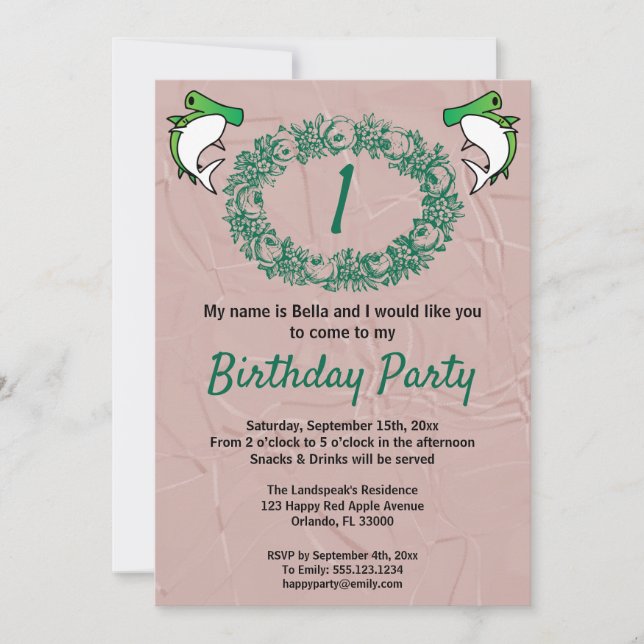 Green Sharks & Rose Wreath 1st Birthday Invitation (Front)