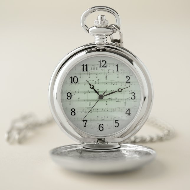 Green Sheet Music Black Numbers Silver Pocket Watch (Inside)