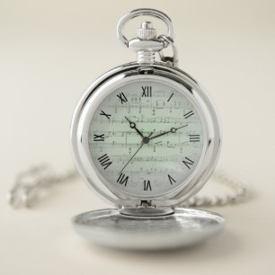 Green Sheet Music Black Numerals Silver Pocket Watch