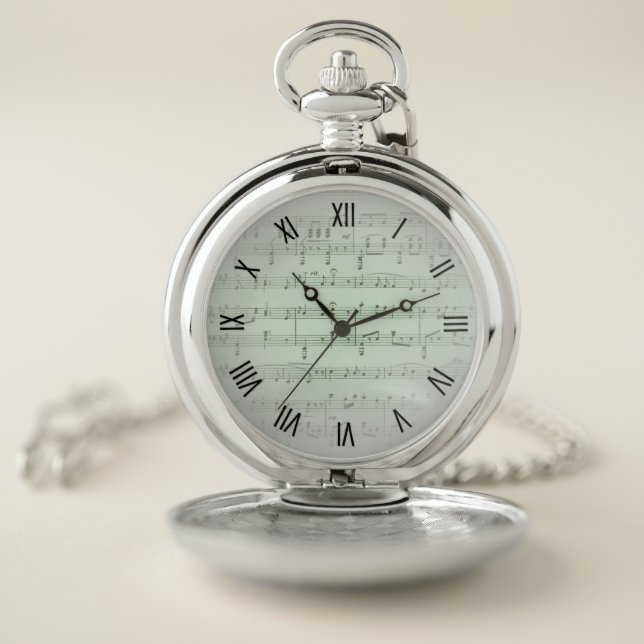 Green Sheet Music Black Numerals Silver Pocket Watch (Inside)