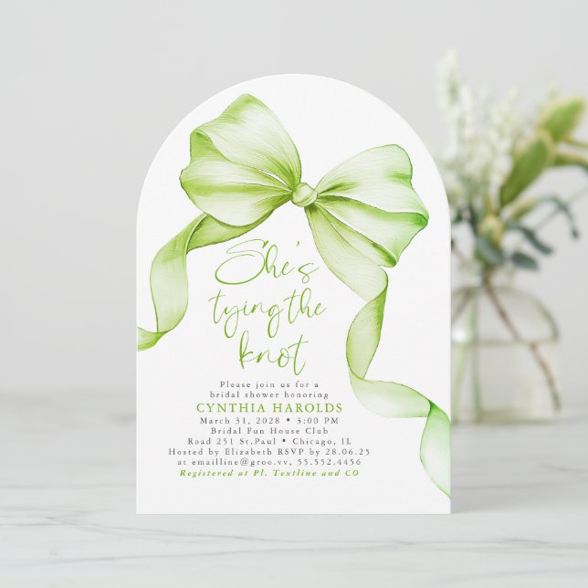 Green She's Tying the Knot Bridal Shower Photo Invitation (Standing Front)