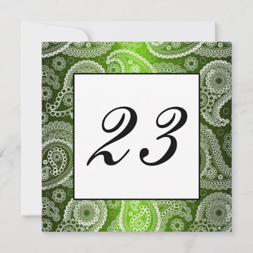 Green Shimmer White Lace Paisley Table Number Custom Invite