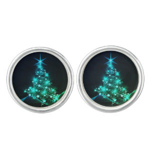 Green Shine of Stars on Christmas Tree Dark Cufflinks