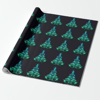 Green Shine of Stars on Christmas Tree Dark  Wrapping Paper