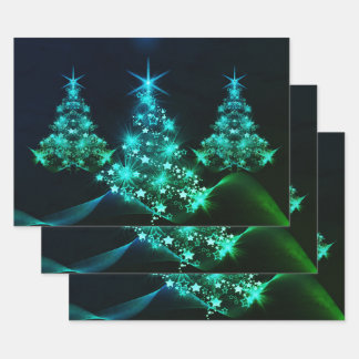 Green Shine of Stars on Christmas Trees Wrapping Paper Sheets