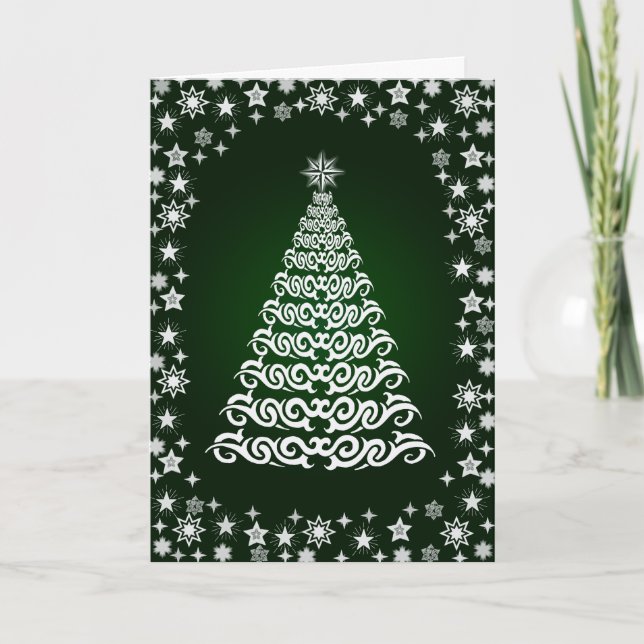 Green Shining Stars Christmas Tree Greetings Card (Front)