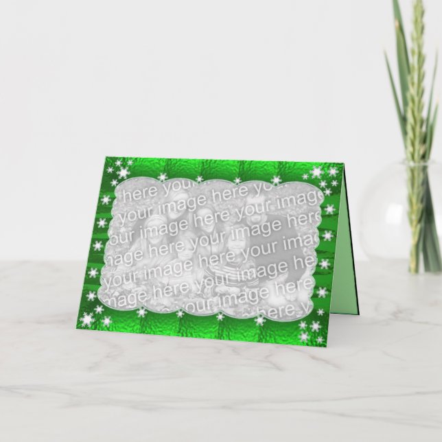 Green Shiny Season and Snowflakes Photo Holiday Card (Front)
