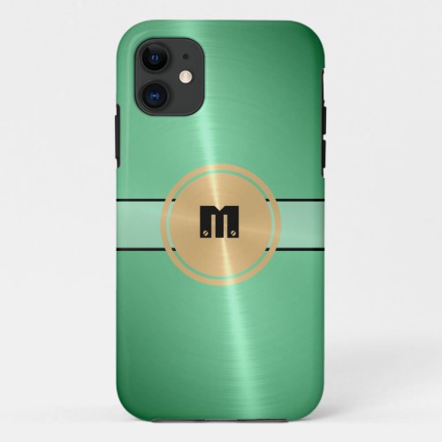 Green Shiny Stainless Steel Metal and Gold Button iPhone 11 Case