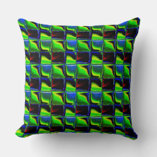 Green shiny, sunken, blue, red crooked squares throw pillow