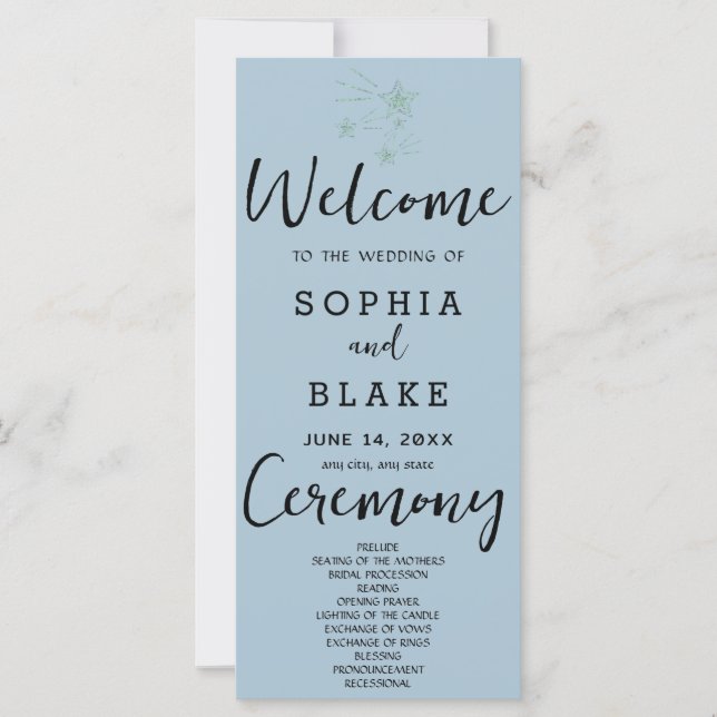 Green Shooting Stars Blue Gray Wedding Program (Front)