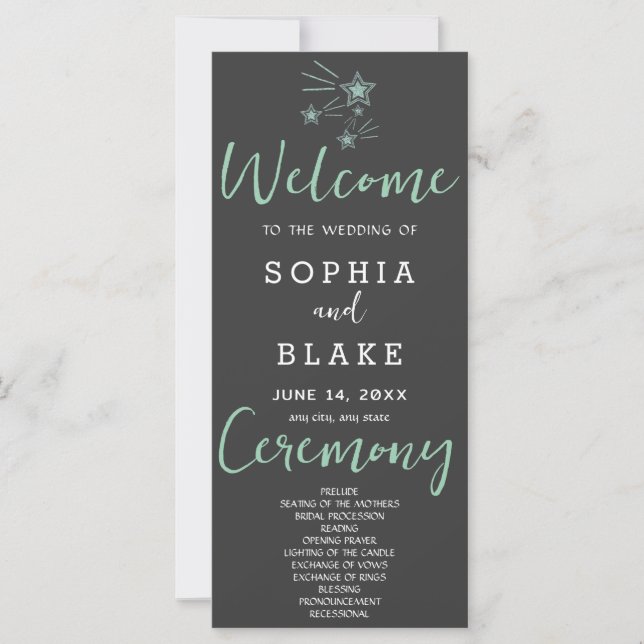 Green Shooting Stars Gray Wedding Program (Front)