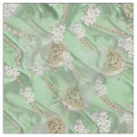 Green Silk &amp; Ivory Champagne Pearls Fabric