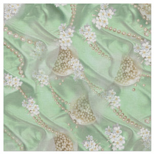 Green Silk & Ivory Champagne Pearls Fabric