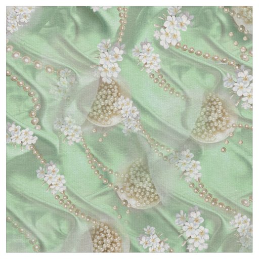 Green Silk & Ivory Champagne Pearls Fabric