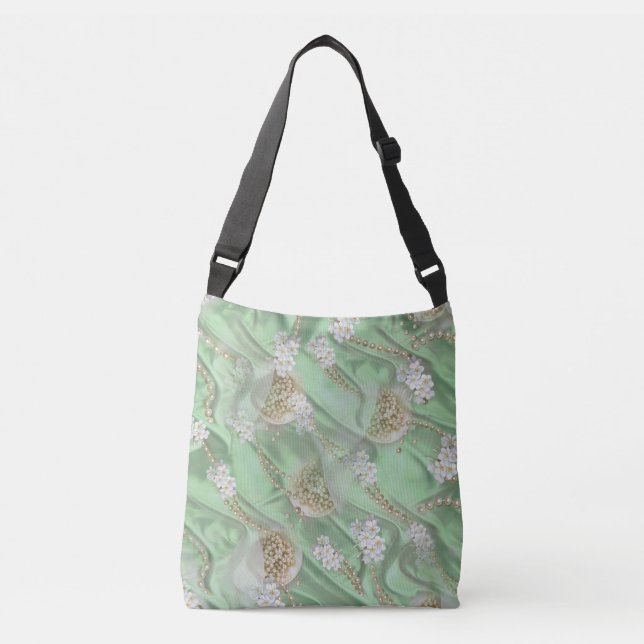 Green Silk & Ivory Champaign Pearls Crossbody Bag (Front)