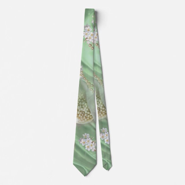 Green Silk & Ivory Champaign Pearls Neck Tie (Front)