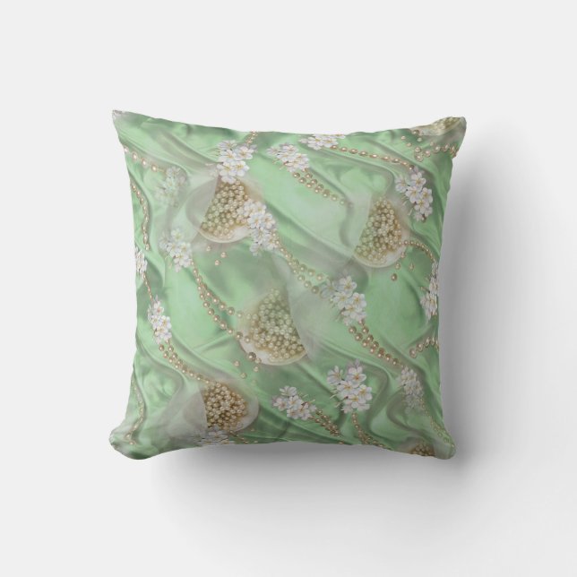 Green Silk & Ivory Champaign Pearls Throw Pillow (Front)