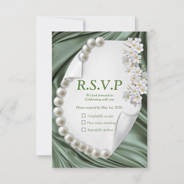 Green Silk  & Ivory Pearls RSVP Card (Front)