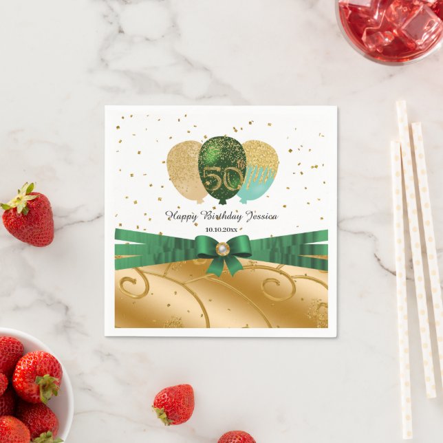 Green Silk Ribbon, Gold 50th Birthday & Balloons  Napkins (Insitu)