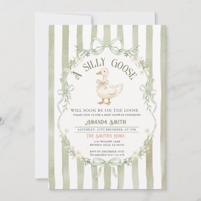 Green Silly Goose Baby Shower Preppy Strpes  Invitation (Front)