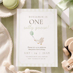 Green Silly Goose First Birthday Invitation