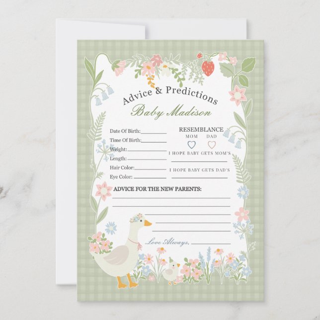 Green Silly Goose Floral Gingham Advice for Baby Invitation (Front)