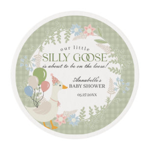 Green Silly Goose Floral Gingham Baby Shower Edible Frosting Rounds