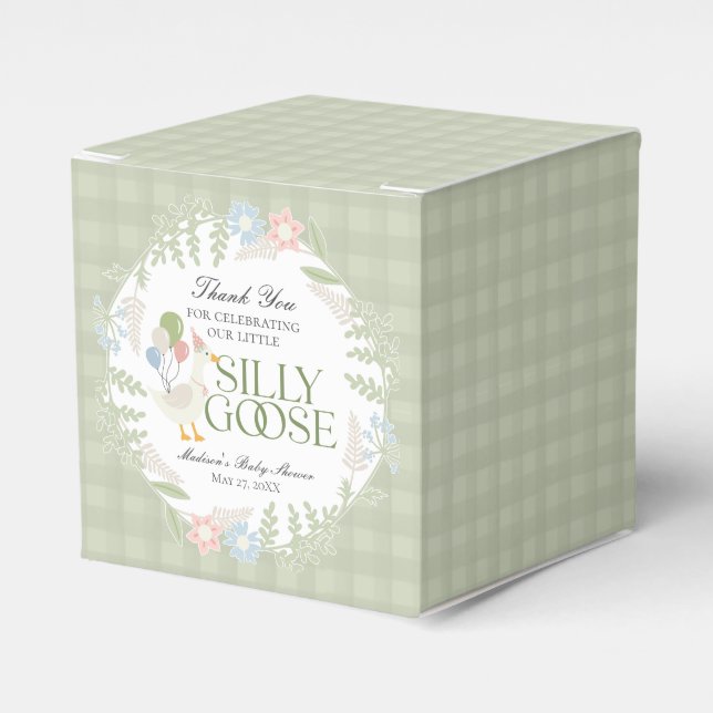 Green Silly Goose Floral Gingham Baby Shower Favor Boxes (Front Side)