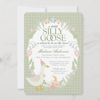 Green Silly Goose Floral Gingham Baby Shower Invitation