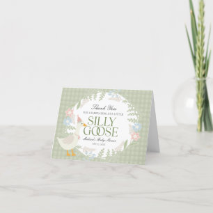 Green Silly Goose Floral Gingham Baby Shower Letterpress Thank You Card