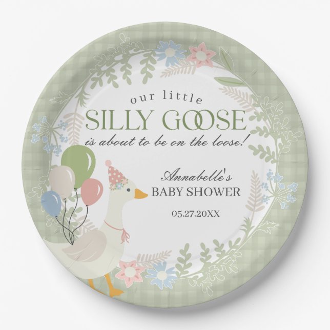 Green Silly Goose Floral Gingham Baby Shower Paper Plates (Front)