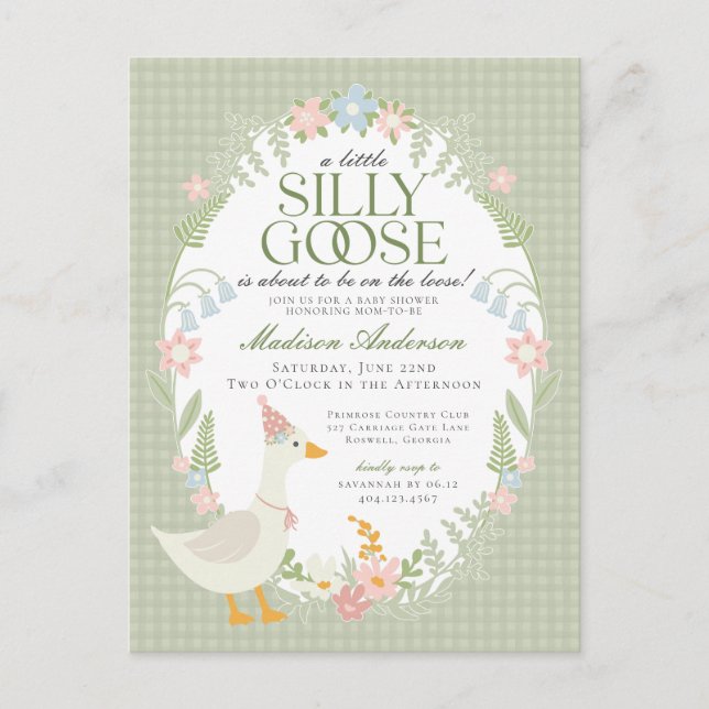 Green Silly Goose Floral Gingham Baby Shower Postcard (Front)