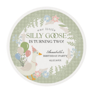 Green Silly Goose Floral Gingham Birthday Edible Frosting Rounds