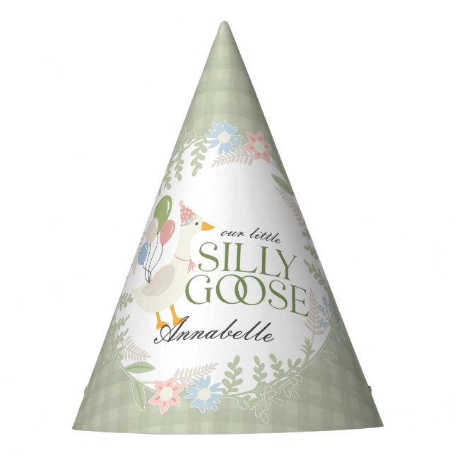 Green Silly Goose Floral Gingham Birthday Favor Party Hat (Front)