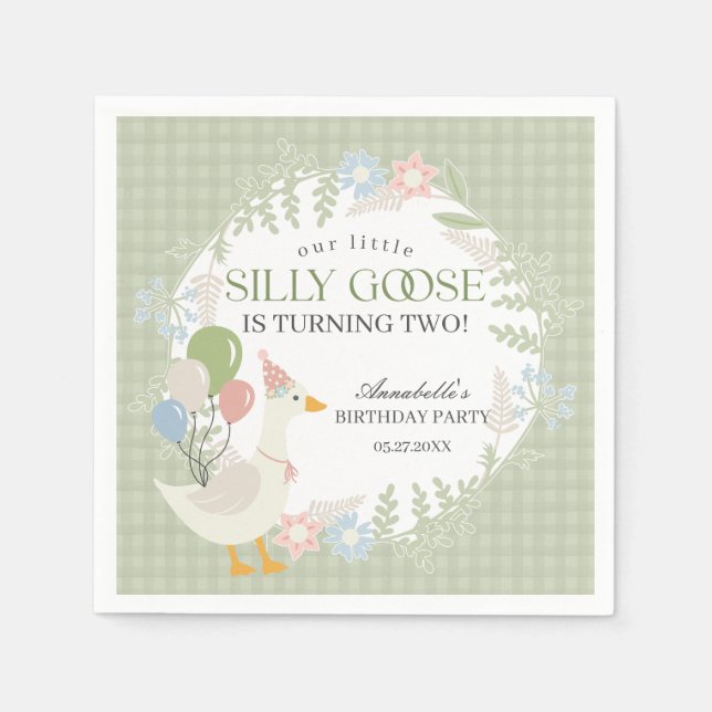 Green Silly Goose Floral Gingham Birthday Napkins (Front)