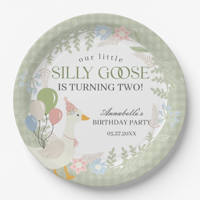 Green Silly Goose Floral Gingham Birthday Paper Plates (Front)