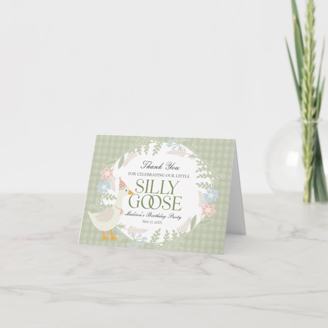 Green Silly Goose Floral Gingham Birthday Thank You Card (Front)
