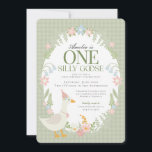 Green Silly Goose Floral Gingham First Birthday Invitation<br><div class="desc">A silly goose is another year older. This Silly Goose Party Decor Collection is perfect for celebrating your sweet little girl! Featuring an adorable silly goose, pastel florals, and soft gingham patterns, this collection is perfect for adding a touch of playful elegance to any party. Whether it’s for a birthday...</div>