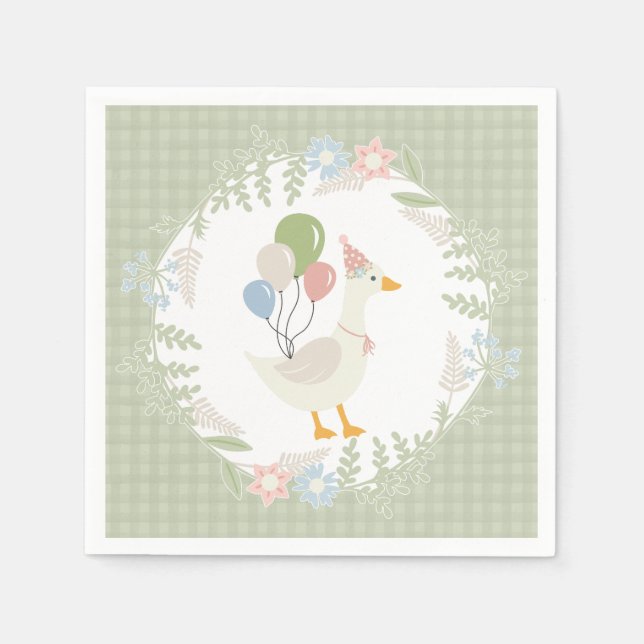 Green Silly Goose Floral Gingham Paper Napkins (Front)