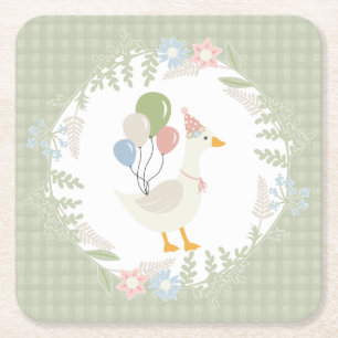 Green Silly Goose Floral Gingham Paper Square Paper Coaster