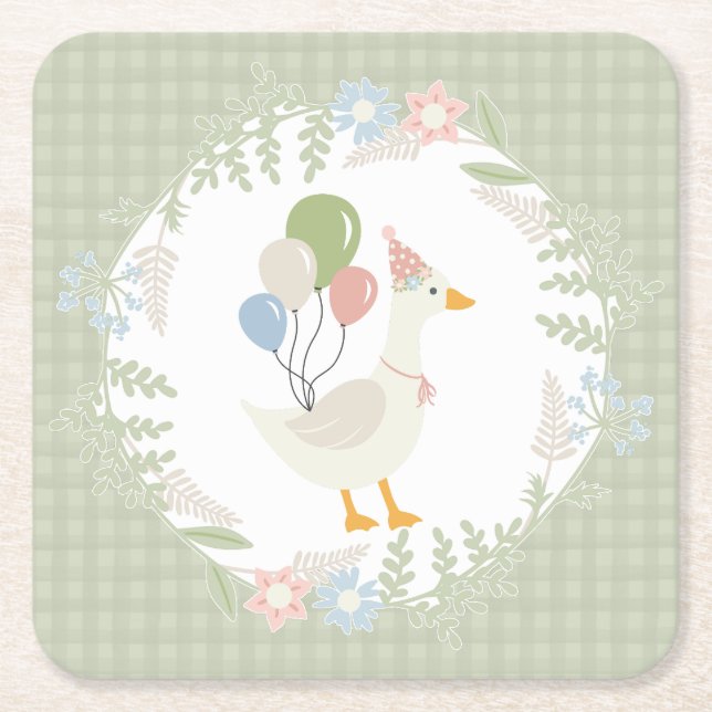Green Silly Goose Floral Gingham Paper Square Paper Coaster (Front)