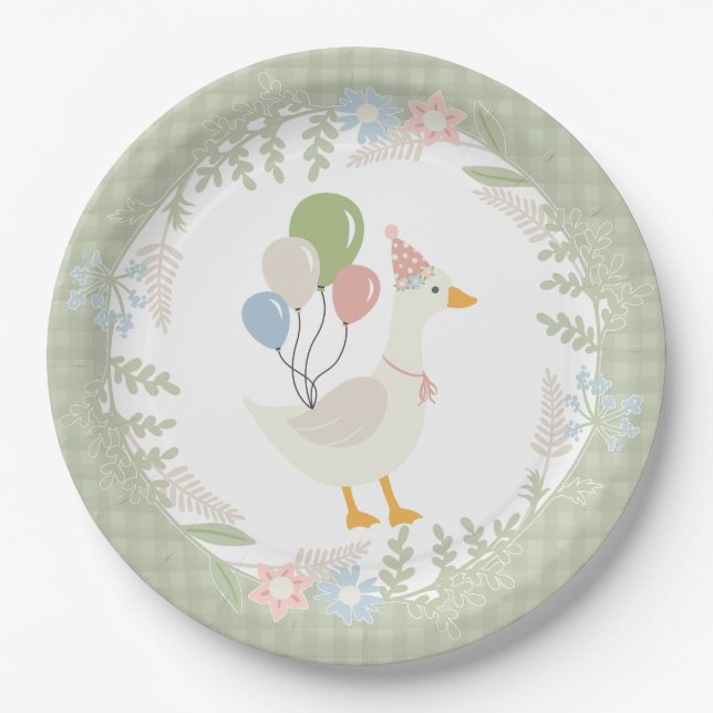 Green Silly Goose Floral Gingham Party Paper Plates (Front)